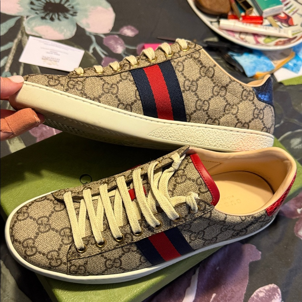 Gucci Monogram Sneakers with Red and Blue Accents